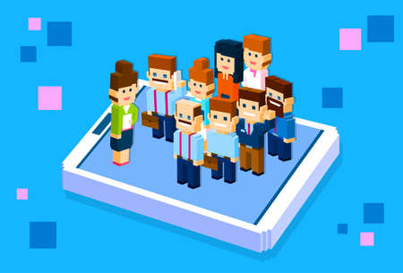 Business People Big Cell Smart Phone Social Network Communication Group 3d Isometric Flat Design Vector Illustrationのイラスト素材