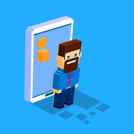 Business Man Cell Smart Phone Social Network Communication Concept 3d Isometric Flat Design Vector Illustrationのイラスト素材