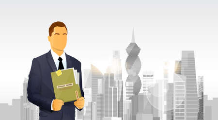 Business Man Hold Panama Papers Offshore Company Folder Over City Skyscraper Flat Vector Illustrationのイラスト素材