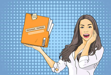 Business Woman Hold Panama Papers Folder Pop Art Colorful Retro Style Vector Illustrationのイラスト素材