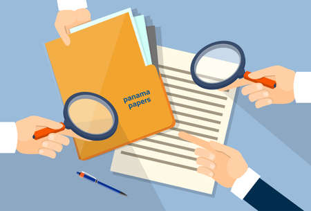 Business Hand Hold Magnifying Glass Offshore Panama Papers Folder Documents Office Desk Vector Illustrationのイラスト素材