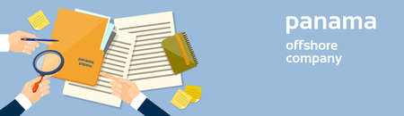 Business Hand Hold Magnifying Glass Offshore Panama Papers Folder Documents Office Desk Banner Vector Illustrationのイラスト素材