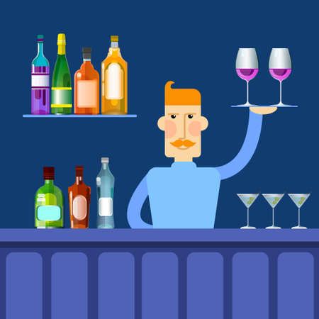 Bar Counter Barmen Hold Tray With Wine Glasses Alcohol Drink Bottle Set Collection Flat Vector Illustrationのイラスト素材