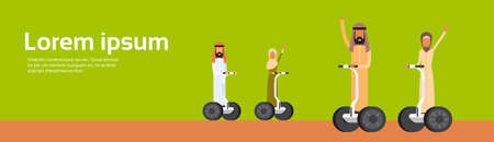 Arab People Group Arabic Man Woman Ride Electric Scooter, Segway, Modern Personal Transport Banner Copy Space Flat Vector Illustrationのイラスト素材