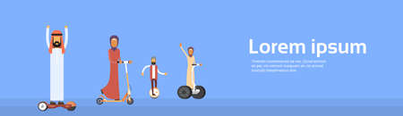 Arab People Group Arabic Man Woman Ride Electric Hover Board, Scooter, Segway, Mono Wheel Modern Personal Transport Banner Copy Space Flat Vector Illustrationのイラスト素材