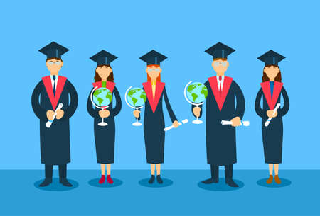 Student Group Graduation Gown Hold Globe Paper Diploma Sertificate Flat Vector Illustrationのイラスト素材