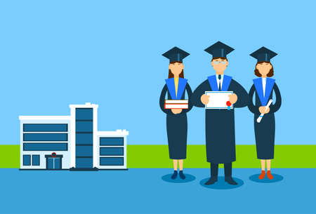 Student Group Graduation Gown Hold Book Paper Diploma Sertificate, University Buiding Background Flat Vector Illustrationのイラスト素材