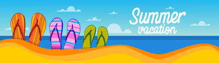Summer Beach Flip-flops Sand Tropical Vacation Banner Flat Vector Illustrationのイラスト素材