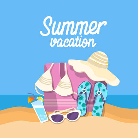 Summer Beach Vacation Set Sand Tropical Banner Flat Vector Illustrationのイラスト素材