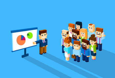 Business Man Show Graph Businesspeople Group Conference Meeting 3d Isometric Flat Design Vector Illustrationのイラスト素材