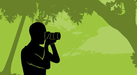 Silhouette Outdoor Nature Photographer Hold Camera Over Green Background Flat Vector Illustrationのイラスト素材