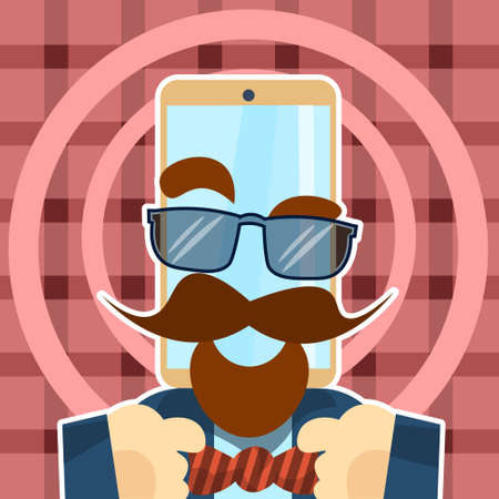 Hipster Cell Smart Phone Glasses, Mustache, Beard Retro Style Flat Vector Illustrationのイラスト素材