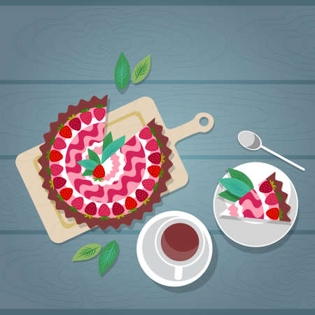 Cake Plate Cup Tea Coffee Wooden Textured Table Celebration Top Angle View Flat Vector Illustration