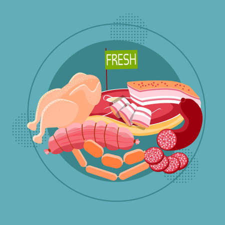 Fresh Meat Sausage Different Kind Goods Food Collection Flat Vector Illustrationのイラスト素材
