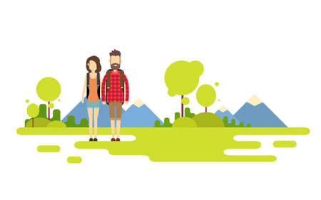 Traveler Man Woman, Couple Outdoor Hiking Over Mountain Background Banner Copy Space Vector Illustrationのイラスト素材