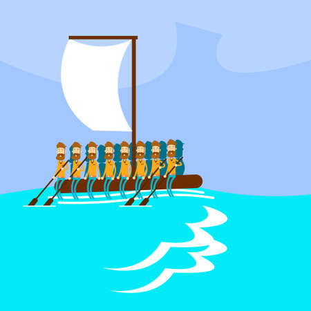 Migrant Crisis People Group Emigrant Hand Made Boat Sail In Sea Emigration Concept Flat Vector Illustrationのイラスト素材