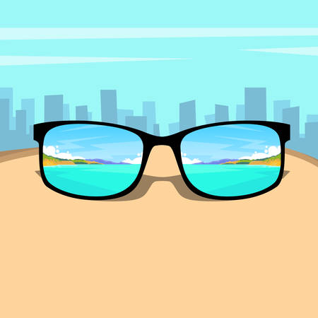 Eye Glasses With Summer Sea View Beach Picture Vacation Dream Over Big City Background Flat Vector Illustrationのイラスト素材