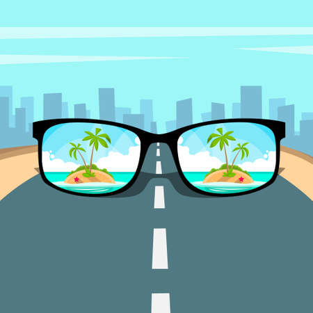 Eye Glasses With Summer Sea Island, Beach Picture Vacation Rest Dream Concept Road Big City Background Flat Vector Illustrationのイラスト素材