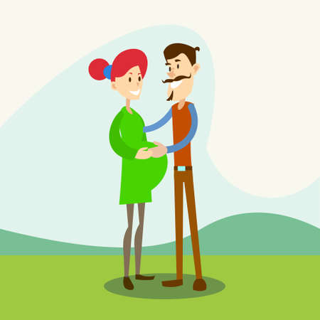 Family Couple, Pregnant Woman With Husband Nature Background Flat Vector Illustrationのイラスト素材