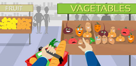 Vegetables Cartoon Characters Shopping Mall, Hand Hold Basket Point Finger Flat Vector Illustrationのイラスト素材