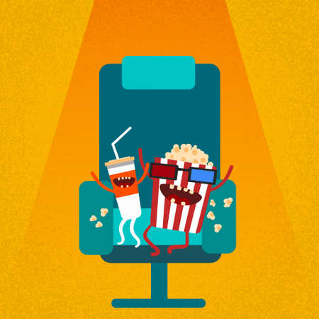 Cinema Chair Film Movie Seat Cartoon Cola Popcorn Flat Vector Illustrationのイラスト素材