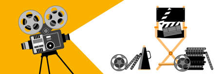Cinema Banner Retro Movie Projector Strip Film Flat Vector Illustrationのイラスト素材