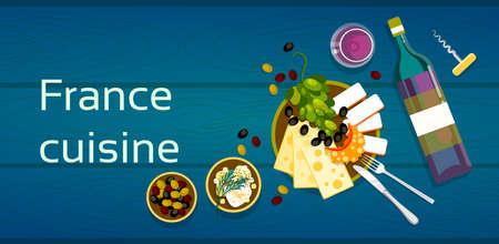 French Cuisine Cheese Wine Grapes Olives Wooden Textured Table Flat Vector Illustrationのイラスト素材