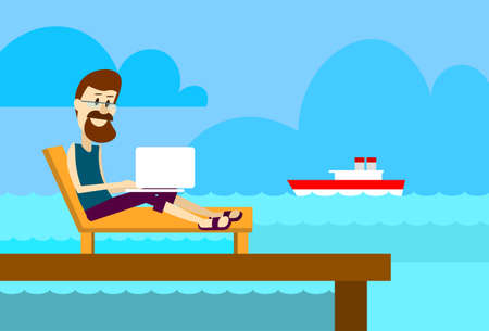 Man On Sunbed Using Laptop Freelance Beach Remote Working Place Summer Vacation Holiday Tropical Ocean Island Flat Vector Illustrationのイラスト素材