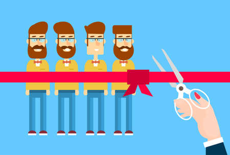 Grand Opening Hand With Scissors Cut Red Ribbon Bow Business Team Staff Presentation Flat Vector...
