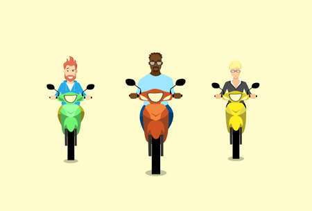 People Group Man Ride Motorcycle Scooter Flat Vector Illustrationのイラスト素材