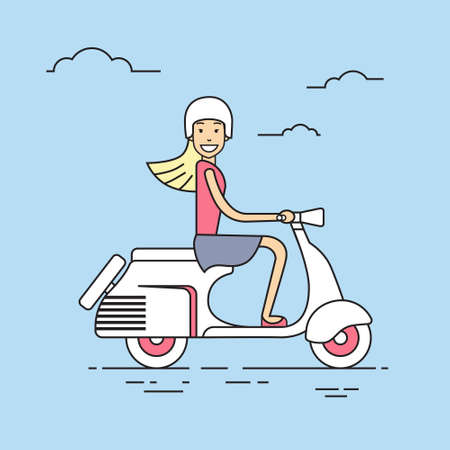 Girl Ride Electrical Scooter Retro Electric Transport Thin Line Vector Illustrationのイラスト素材