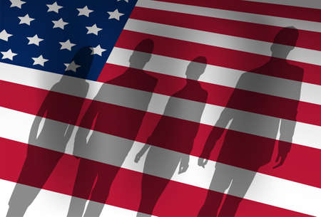 Silhouette People Group Over United States American Flag Background Vector Illustration