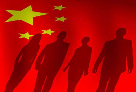 Silhouette People Group Over Chinese Flag Background Vector Illustrationのイラスト素材