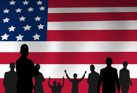 Silhouette People Group Over United States American Flag Background Vector Illustrationのイラスト素材