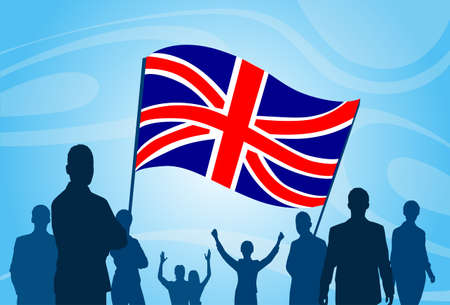 Silhouette People Crowd Protest Hold Eng;ish Great Britain  Flag Vector Illustrationのイラスト素材