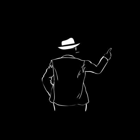 Man Silhouette Suit White Hat Rear View Point Finger To Copy Space Black Background Contour Outline Vector Illustrationのイラスト素材