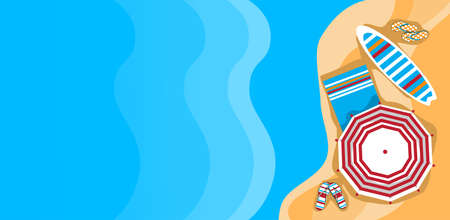 Summer Beach Vacation Sunbed With Umbrella Sand Tropical Banner Copy Space Top Angle View Flat...