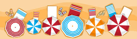 Summer Beach Vacation Sunbed With Umbrella Sand Tropical Banner Top Angle View Flat Vector...