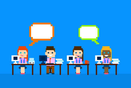 Team Work Computer, Man Woman Call Center Operators  Customer Support People Group Chat Bubble...