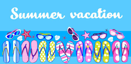 Summer Beach Flip Flops Sunglasses Tropical Vacation Banner Flat Vector Illustration