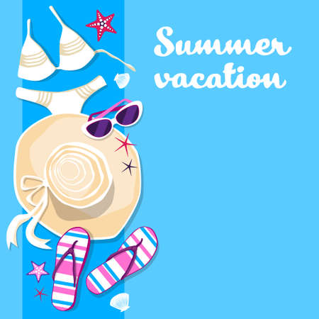 Swim Wear Hat Flip Flops Set Summer Vacation Banner With Copy Space Flat Vector Illustrationのイラスト素材