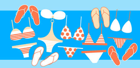Swim Wear Collection Flip Flops Set Summer Vacation Flat Vector Illustrationのイラスト素材