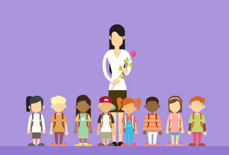 Teacher Day Holiday Woman Hold Flower With School Children Group Flat Vector Illustrationのイラスト素材