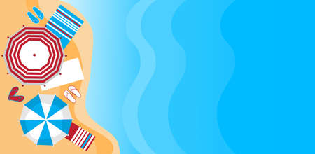 Summer Beach Vacation Sunbed With Umbrella Sand Tropical Banner Copy Space Top Angle View Flat...