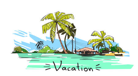 Summer Vacation Holiday Tropical Ocean Island With Palm Tree Vector Illustrationのイラスト素材
