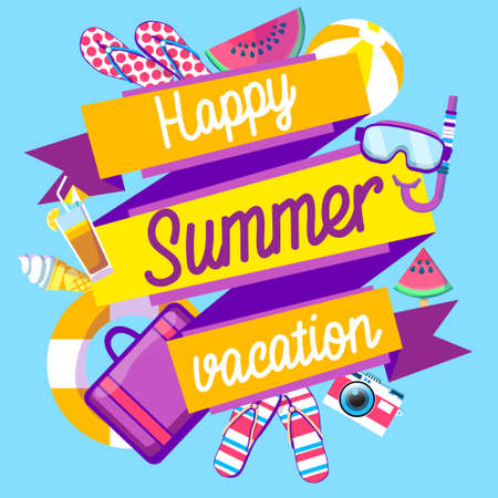 Summer Beach Vacation Set Sand Tropical Banner Flat Vector Illustrationのイラスト素材