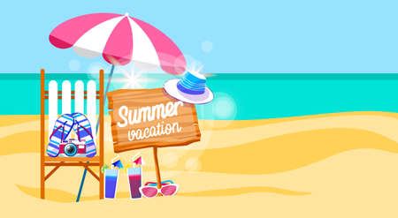 Summer Beach Vacation Set Sunbed With Umbrella Sand Tropical Banner Copy Space Flat Vector...