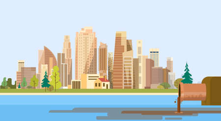 Nature Pollution City Plant Pipe Dirty Waste Water Polluted Environment Flat Vector Illustrationのイラスト素材