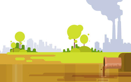 Nature Pollution Plant Pipe Air Dirty Smoke Waste Water Green Environment Flat Vector Illustrationのイラスト素材
