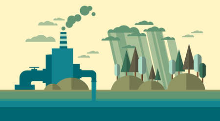Nature Pollution Plant Pipe Dirty Waste Water Polluted Environment Flat Vector Illustrationのイラスト素材